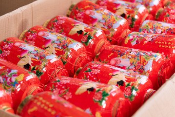 Electric music lanterns of Mid-Autumn Festival neatly arranged in a cardboard box