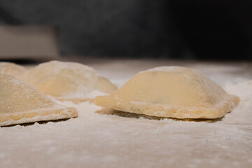 producción de pasta cruda casera,  ravioles rellenod hechos con harina 