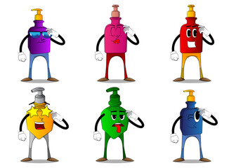 Cartoon bottle of hand sanitizer gel for hygiene with face confused.