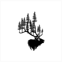 Deer Stag Buck Silhouette with Pine, Evergreen Tree Forest Logo Design Vector