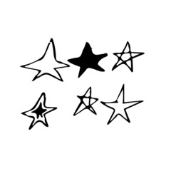 Set of 9 different hand drawn stars, rough handmade, black doodles isolated on white background EPS Vector
