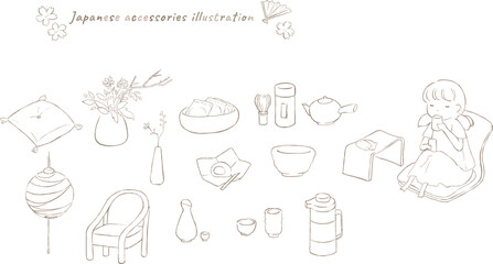 座椅子でくつろぐ女の子と和小物の線画イラストセット