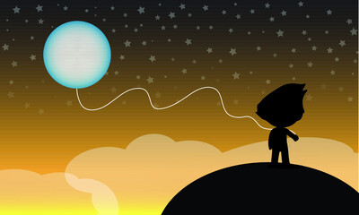 Illustration of a child and moon connected with a cable. Background for children to tell stories or as a metaphor to teach character and moral ideas.