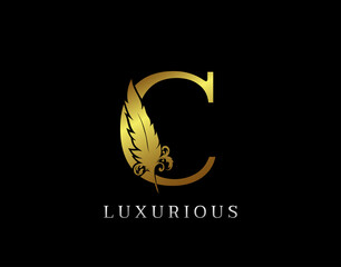 Golden Feather Letter C Luxury Brand Logo icon, vector design concept feather with letter for initial luxury business, firm, law service, boutique and more brand identity.