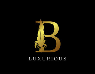 Golden Feather Letter B Luxury Brand Logo icon, vector design concept feather with letter for initial luxury business, firm, law service, boutique and more brand identity.