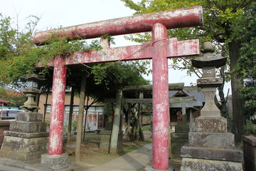 色褪せた鳥居がある小規模な神社