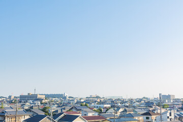 scenery of blue sky and townscape in early morning in countryside, tokyo, japan