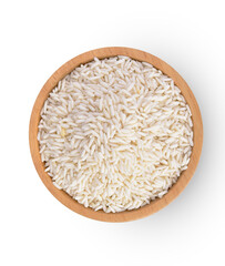 Top view of Rice in wooden bowl isolated on white background