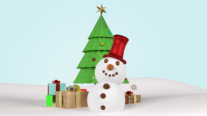 snowman and Christmas tree for  holiday content  3d rendering.