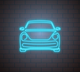 car icon in neon blue backlight on brick wall background. Car driving, maintenance in service center. Road safety. Vector