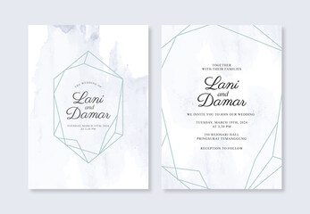 Geometric wedding invitation template with watercolor hand painted splash