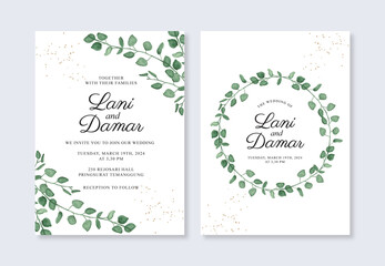 Minimalist wedding invitation template with watercolor-leaves