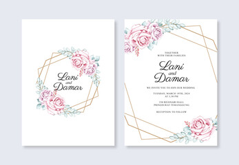 Wedding invitation template with geometric gold and flower watercolor