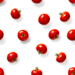 Seamless pattern with red ripe tomatoes. Tomato isolated on white background. Vegetable abstract seamless pattern. Organic Tomatoes flat lay