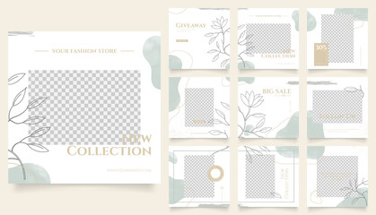 social media template banner fashion sale promotion. fully editable instagram and facebook square post frame puzzle organic sale poster. green floral water color vector background