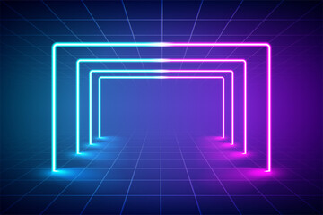 Abstract futuristic blue and pink neon light background, Reflective empty room with neon tube. vector illustration