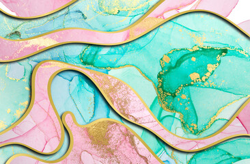 Alcohol ink green and pink abstract background with golden layers. Ocean style watercolor texture.