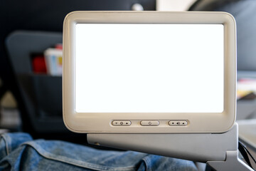 Screen in airplane, blank white display mockup in-flight.