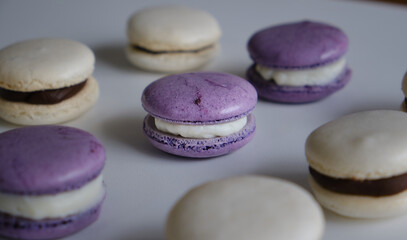 Violet and white almond and meringue macaroons on a white table topped with white and dark chocolate dulce de leche mouse and whipped cream.