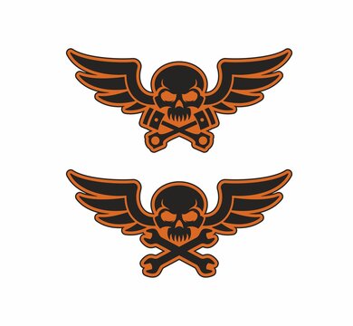 recommend clip art: Set of color illustrations of skull, wings, piston and wrench on a white background. Vector illustration on the theme of American motorcycles. Biker club logo. Service and repair of motor vehicles.