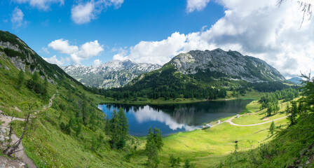 Fototapeta na wymiar Tauplitz Alm. Panorama of lake Großsee in the Styria region during summer