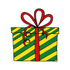 gift box with red bow and ribbon hand drawn doodle. single element for design icon, sticker, card, poster. holiday, new year, birthday, christmas