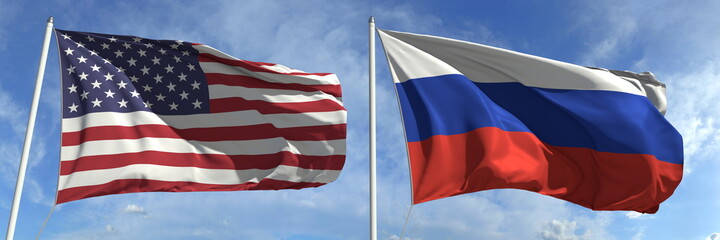 Flying flags of the USA and Russia on high flagpoles. 3d rendering