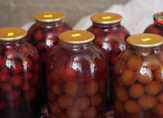 Preservation for the winter is in the pantry or cellar.Large glass jars with home preservation of plum compote.