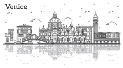 Obraz premium Outline Venice Italy City Skyline with Historic Buildings and Reflections Isolated on White.