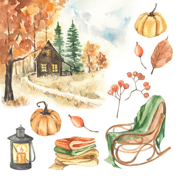 Watercolor autumn clipart set. Perfect for card. Watercolor isolated. Cozy autumn set.