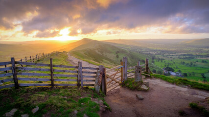 Sunrise over Great Ridge from Mam Tor Gate Derbyshire Peak District