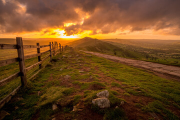 Sunrise along the Great Ridge at Mam Tor in the Derbyshire Peak District
