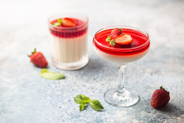 Italian panna cotta dessert with strawberry sirup and mint leaf