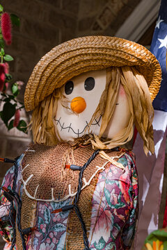 Closeup Of Carrot Nosed Stitched Mouth Scarecrow In Dappled Lighting