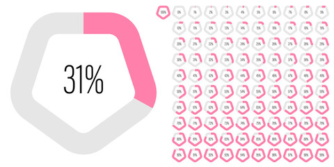 Set of pentagon percentage diagrams meters from 0 to 100 ready-to-use for web design, user interface UI or infographic - indicator with pink