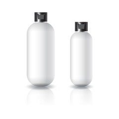 2 sizes of white oval round cosmetic bottle with black cap lid for beauty or healthy product.