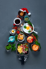 Fototapeta na wymiar Christmas tree made of breakfast menu