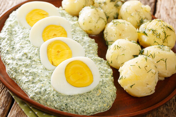 Boiled potatoes, eggs and Frankfurt Green Sauce contains 7 herbs close-up in a plate on the table. horizontal