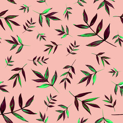 Dark green leaves, plants, leaves, branches isolated on a pink background. Seamless patterns. Watercolor illustrations