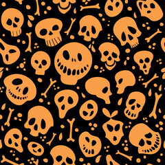 Seamless pattern with monsters and skulls on a black background. Happy Halloween.