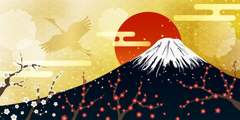 正月素材　富士山と梅の花