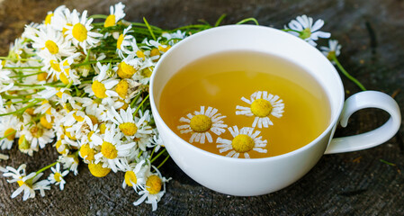 Cup of tea and a bouquet of chamomile flowers on a wooden stump
