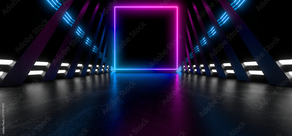 Wall mural a dark corridor lit by colorful neon lights. reflections on the floor and walls. 3d rendering image.