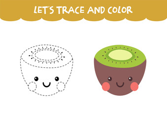 Trace and color cute Kiwi educational worksheet