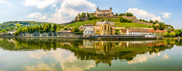 Panoramic view at the Bank of Main river with Marienberg Castle and At.Bukard church in Wurzburg ,Germany - 377472998