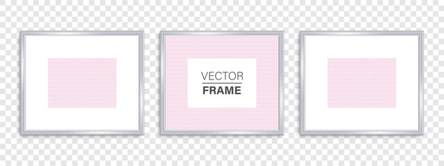 Frames mockup. Vector frames. Frames silver. Silver vintage frame with shadows isolated on transparent background. Silver luxury realistic square border. Vector illustration
