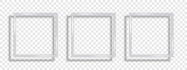 Square mockup frames. Vector frames. Frames silver. Silver vintage frame with shadows isolated on transparent background. Silver luxury realistic square border. Vector illustration