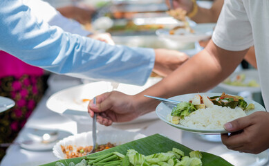 buffet food, catering food party at restaurant, mini canapes, snacks and appetizers
