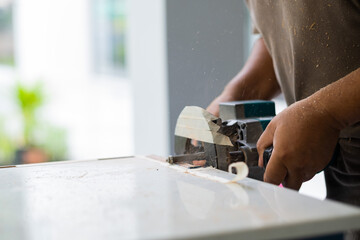 cutting wood for building, Wood drill, carpenter, worker
