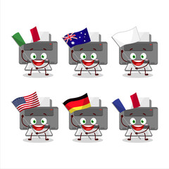 Printer cartoon character bring the flags of various countries